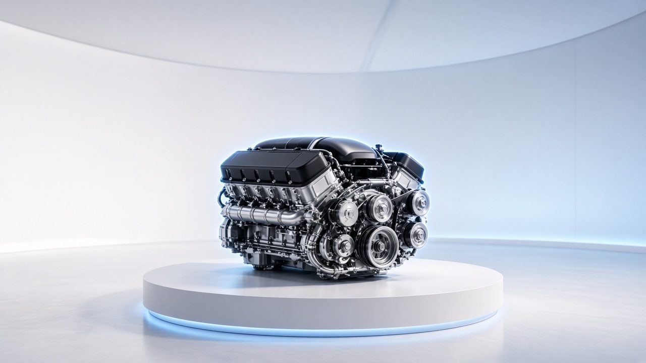 V8 engine on a dark plinth